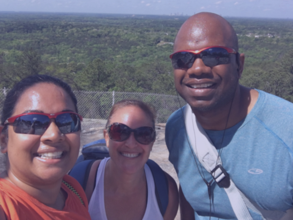 Mike, Suzanne, and Maya talk personality traits as they hike Stone Mountain